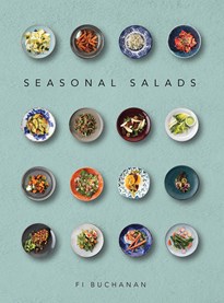 Seasonal salads book cover featuring plates of salad on a duck egg background